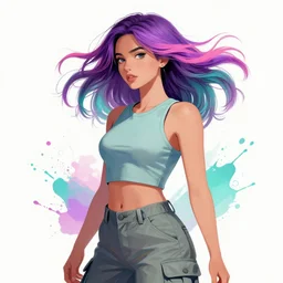 a award winning half body portrait of a beautiful woman in a croptop and cargo pants with ombre purple pink teal hairstyle with head in motion and hair flying by wlop, paint splashes, splatter, outrun, vaporware, shaded flat illustration, digital art, trending on artstation, highly detailed, fine detail, intricate