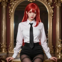 sensual cosplay photo of a woman with red hair wearing a white shirt and tie, trending on instagram, full body, anime aesthetic, booru, ultra - hd, hcl, 1 2 - bit, ar, volumetric lighting, screen space global illumination, opaque, optics, lumen reflections, vfx, insanely detailed and intricate, hypermaximalist, elegant, ornate, hyper realistic, super detailed
