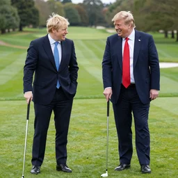 boris johnson and donald trump golfing on a grass field, laughing, award winning masterpiece, beautiful