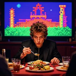 bob dylan eating dinner gameplay still frame, 4 colors, pixel art, retro, splash screen, level design, high contrast, background, deep focus, highly detailed, dramatic lighting, digital painting, artstation, concept art, matte, greg rutkowski, moebius, illustration.