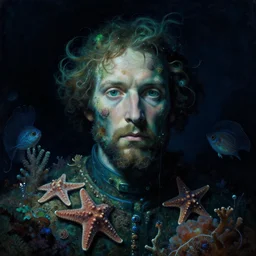 a close - up view, dark renaissance portrait of man underwater covered in coral and starfish, surrounded by sea creatures. deep blue and green tones. night time. gloomy dark black background. highly detailed fantasy science fiction portrait painting by norman rockwell, moebius, frank frazetta, and syd mead. rich colors, high contrast. artstation