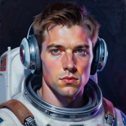 portrait painting of a science fiction character space mechanic, retrowave noir, in the style of casey baugh and james jean, hyper realistic face, photorealistic face