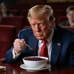 Donald Trump eating a bowl of beans in a movie theater