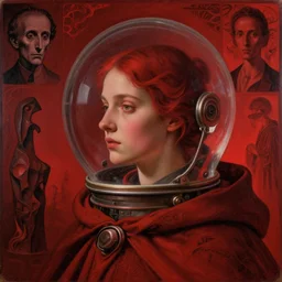 only with red, a young woman's face in profile, wearing a glass space helmet and a cloak, in the style of the dutch masters and gregory crewdson, in the style of beksinski, by edward hopper and rodcenko and yue minjun and cory loftis, intricate and epic composition, red by caravaggio, highly detailed, masterpiece, red light, artstation, art nouveau