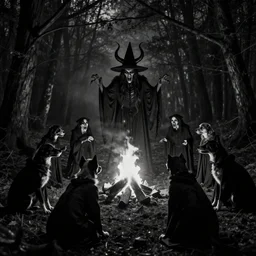 a creepy, horrifying photo of a coven of dogs in black robes summoning a demon around a fire at night in the woods. black and white, noir, grainy, distorted, creepy, horror, vvitch, wicca