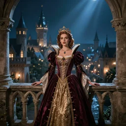 a beautiful queen stands on a balcony overlooking a fantasy medieval gothic city, night, glow rays, 3 5 mm photography