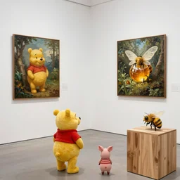 winnie the pooh and Piglet visit a gallery, exhibition about honey, paintings of honey, sculptures of bees, plinths made of wood, white gallery, contemporary art, photorealistic