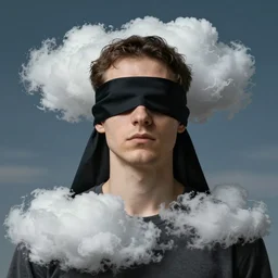 surrealist man with blindfold magritte style clouds