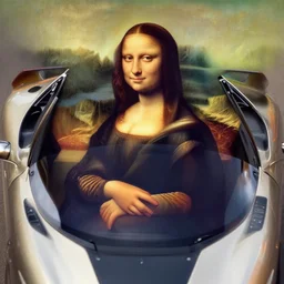 a woman driving an open sports car!, looks like mona lisa, sharp focus, hyper realistic, centered, insanely detailed, a painting by leonardo da vinci