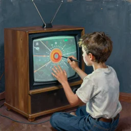 a boy playing a video game on a wood panel CRT tv 1985 late at night oil on canvas