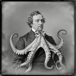 Daguerreotype of an octopus!!!! wearing a suit!!!!, classical portrait, 1849