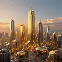 futuristic solarpunk utopian cityscape, golden time, twilight, 4 k - hd photo