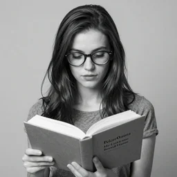 a beautiful women readinf a book, nerdy, award winning photo, greyscale