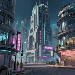 a 2000ad comic book style image of a futuristic run down city with neon signs