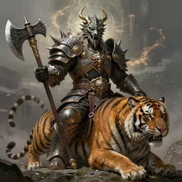 fantasy character portrait, orc king in spiky armor with an aura, wearing a dragon mask, sitting on tiger mount, holding an axe, ultra realistic, wide angle, intricate details, highly detailed by peter mohrbacher, hajime sorayama, wayne barlowe, boris vallejo, aaron horkey, gaston bussiere, craig mullins