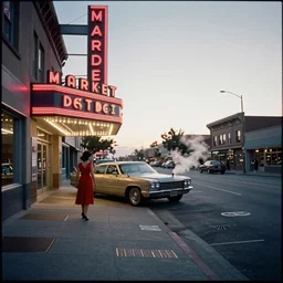 street view in america of market district at dawn. woman in red dress entering a cadillac parked outside a cinema, from 1 9 6 8, california. scorsese, wes anderson, kodachrome, fred herzog. small steam from vents lit by neon signs. epic wide angle view 2 8 mm lens. detailed sharp photograph shot on hasselblad medium format cinestill film