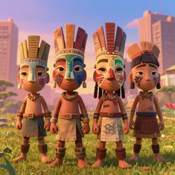 a film still for a Sony Pictures animated movie, four kids wearing African tribal masks with graffiti war paint stand together in an open field in the middle of the city ready for battle, video game character design , fan art behance hd, medium shot, waist up, studio Ghibli, Pixar and Disney animation, sharp, Rendered in Unreal Engine 5, anime key art by Greg Rutkowski, Bloom, dramatic sunset lighting