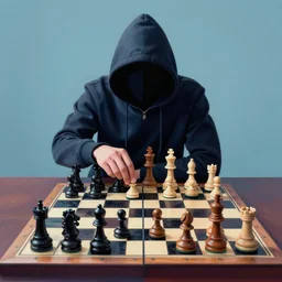 hooded figure playing on a chessboard of the mind, symmetry, by josan gonzales , digital art, highly detailed, split complementary colors
