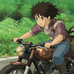 cinematic close up of a person riding a steampunk motorcycle on a road near a forest, delicate features finely detailed perfect art, green field, gapmoe yandere grimdark, trending on pixiv fanbox, painted by greg rutkowski makoto shinkai takashi takeuchi studio ghibli