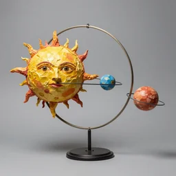a kinetic sculpture of this solar system, sun, orrery, canon 5 d 5 0 mm lens, papier - mache, studio, circa 2 0 4 9