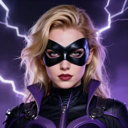 character concept portrait, head-on centralized, super-hero girl, domino mask, blond, black and violet costume. Detailed, high quality, dynamic lightning, fantasy. Artwork by Artgerm, WLOP, Alex Ross, Greg Rutknowski, Alphonse Mucha