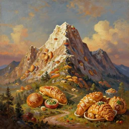 a landscape low - angle photo of a mountain made of food, oil painting, hypermaximalist, rococo, octane render, cinematic lighting, 3 5 mm lens, ray tracing, 8 kjpeg artifacts