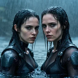 cinestill 5 0 d candid action photographic portrait by quentin tarantino of two loving female androids wearing rugged black mesh techwear in treacherous waters, extreme closeup, modern cyberpunk retrofuturism moody emotional cinematic, pouring iridescent rain, 8 k, hd, high resolution, 3 5 mm, f / 3 2, motion blur, ultra realistic faces, ex machina, tesla