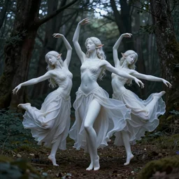 masterpiece ephemeral elven girls dancing in the woods at dusk, by rossdraws, majestic, volumetric lighting, porcelain skin, photorealistic, intricate, trending on artstation 8 k