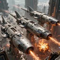 [futuristic scifi-bombers], [a baroque cyberpunk city in the background], [explosions and fire], hypermaximalistic, high details, cinematic, 8k resolution, beautiful detailed, insanely intricate details, artstation trending, octane render, unreal engine