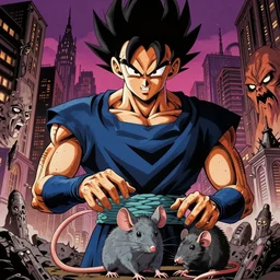 cursed with necronomicon horrorcore cel animation poster depicting saiyan murdering a rat, intricate faces, metropolis, 1 9 5 0 s movie poster, post - processing, vector art