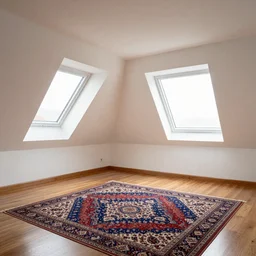 1.7 metre high attic, with white angled ceiling, with 2 windows opposing each other, with a large square window in the back right corner of the room, with exquisite turkish and persian rugs on the polished plywood floor, XF IQ4, 150MP, 50mm, F1.4, ISO 200, 1/160s, natural light