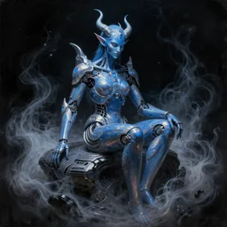 neoclassicist renaissance full body portrait of high intelligent blue demon seated inside singularity, with high tech body connection implants interface. iridescent textures. glowing fog, black background. highly detailed fantasy science fiction painting by chris cunningham and vrubel. dark and volumetric. trending on artstation