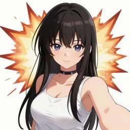 anime girl cyberpunk selfie explosion behind