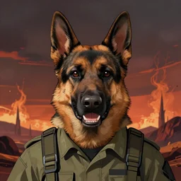 close up character portrait icon of the german shepard beast - man military uniform head animal person wearing clothes standing in hell landscape, 4 k, tone mapping