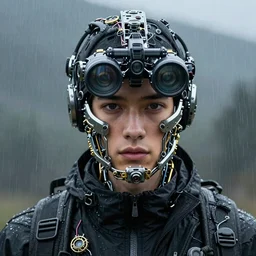 very up close portrait, of fashion elegant sophisticated of a male explorers in the rain ， full face frontal centered ， slender eyes, with complicated metal mechanical cameras, black sports jacket, ultra detailed wire decoration, complex golden future mechanical device, head mounted night vision instrument ， micro detail, by nixeu and guweiz weta, sleek curves, intricate sharp focus, trending on