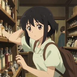 anime visual, portrait of a young female traveler in a alchemist's potion shop interior shopping, cute face by ilya kuvshinov, yoshinari yoh, makoto shinkai, katsura masakazu, moody, dynamic perspective pose, detailed facial featureskyoani eyes,, cel shaded