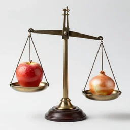 set of balance scales with weights, libra symbol, one apple in one plate and one onion
