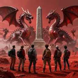 6 adventurers standing on a red landscape under a red sky looking at a monument surrounded by dragons
