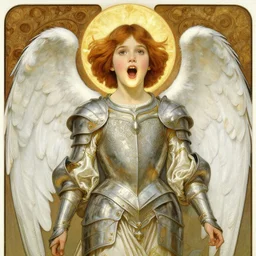 realistic detailed painting of a 1 6 - year old girl who resembles millie bobby brown, mouth open, glowing, as an angel with a golden halo and white, feathered wings, wearing intricate, detailed art nouveau armor and silk, by alphonse mucha, ayami kojima amano, charlie bowater, karol bak, greg hildebrandt