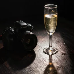 canon camera. darkness. backlit champagne glass.