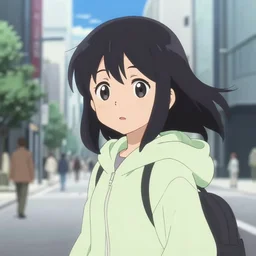 anime film still portrait of a black haired young girl wearing hoodie sightseeing the modern city street, cute face by ilya kuvshinov yoshinari yoh makoto shinkai katsura masakazu kyoani, dynamic perspective pose detailed facial features rounded eyes, crisp and sharp cel shade ambient light