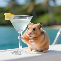 a hamster holding a martini glass in a boat in Hawaii, dslr photo, bokeh
