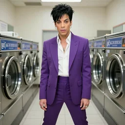 The legendary musician, Prince, wearing a beautiful purple suit at the local launderette