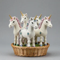 a timemachine made of several unicorns woven together like a basket. the unicorn's fur is iridescent like a peacocks.