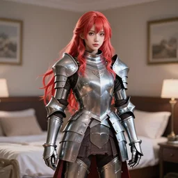 hyperrealistic, ultradetailed, realism, full shot, portrait photography, a lifelike real anime girl that is wearing steel plate armor, inside a bedroom, by wlop, vibrant wavy hair, angelic, highly rendered, blender, unreal engine, readability, extremely detailed, trending on artstation, sharp focus, 4 k