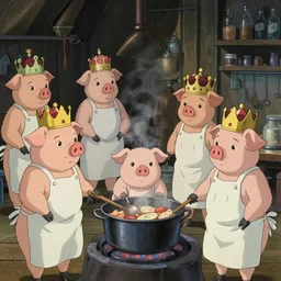 A dimly lit laboratory with pigs cooking wearing cook aprons and kings crowns, art by Hayao Miyazaki, art by Studio Ghibli, anime style