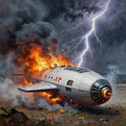 a swiss spaceship stuck in the ground, the spaceship is on fire, smoke, rainstorm, lightning, angry, kinetic, john sargent, adolphe bouguereaum, norman rockwell, style by peter deligdisch, trending on artstation, highly detailed oil painting,