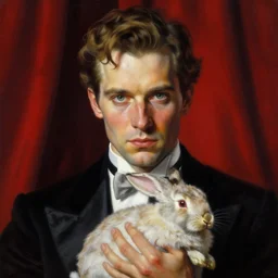 a close - up portrait painting of a magician holding a rabbit. red curtains in a gloomy dark background. highly detailed science - fiction painting by norman rockwell, moebius, frank frazetta, and syd mead. rich colors, high contrast. artstation
