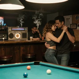 2:30 a.m. in the bar, juke box playing low, cigarette smoke hanging in the air, a tired mood, a couple dancing, men playing pool
