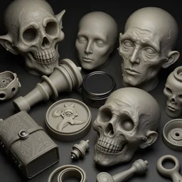 a close up of a bunch of different items, an ambient occlusion render by alberto seveso, zbrush central, vanitas, lovecraftian, biomorphic, rendered in cinema 4 d